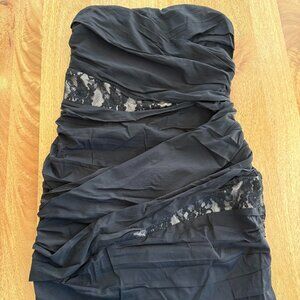 Womans Black Ruched Silk & Lace Cocktail Mini Dress